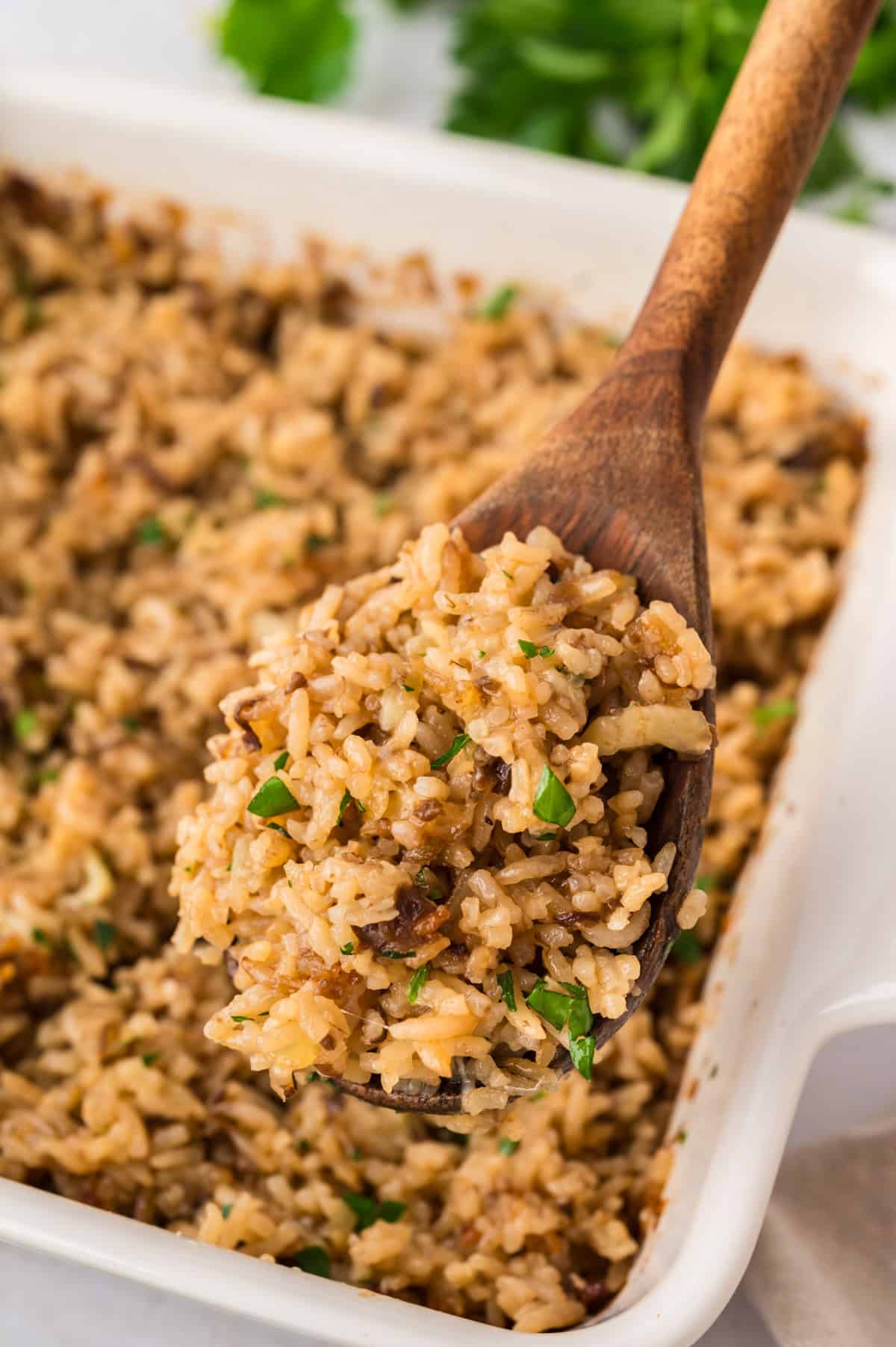 Baked French onion soup rice in pan.