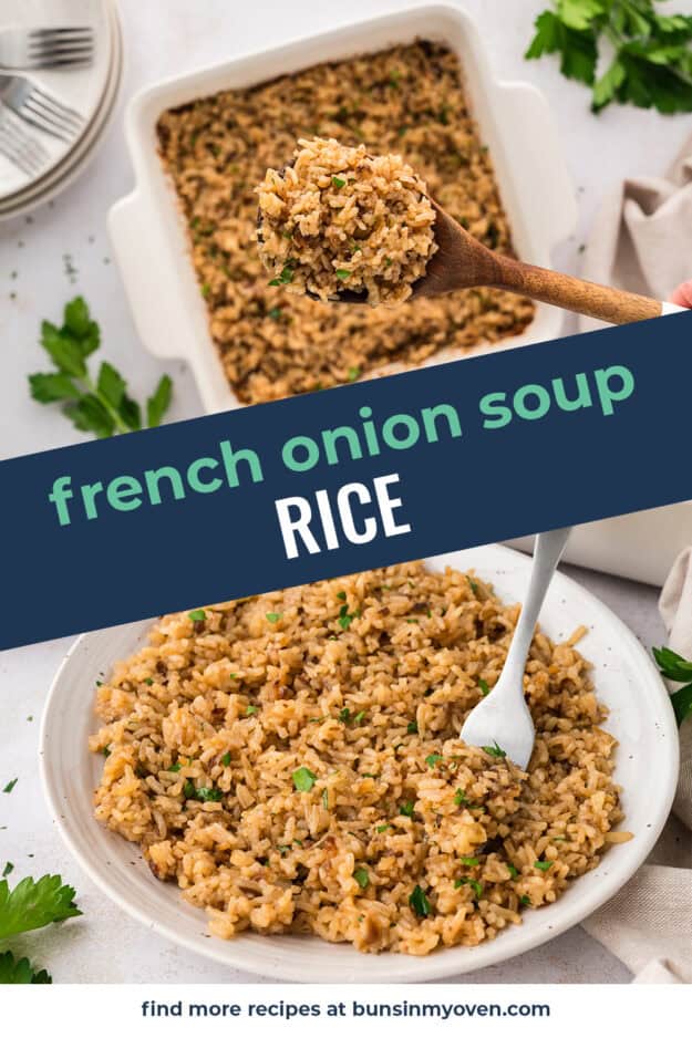 Collage of french onion soup rice images.