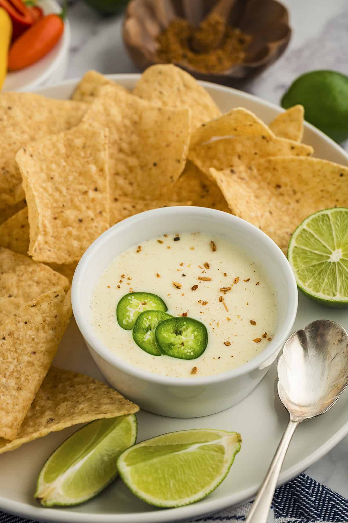 White queso in white bowl.