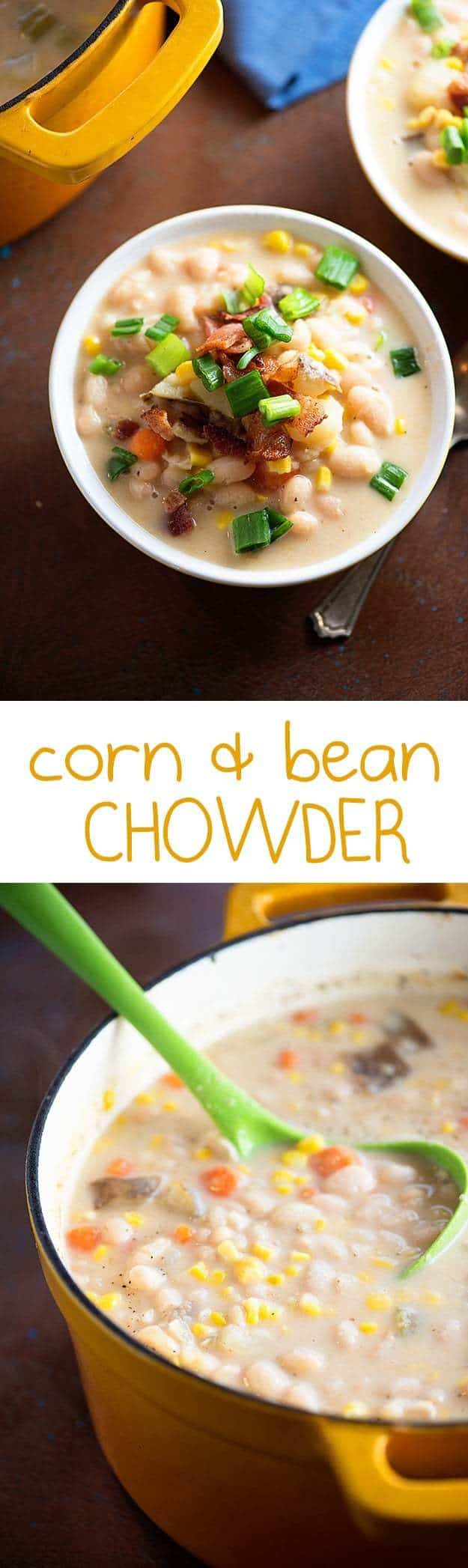 This sweet corn and bean chowder is loaded with fresh veggies and beans! We love this chowder recipe!