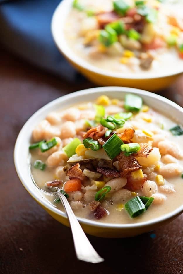 This sweet corn and bean chowder is loaded with fresh veggies and beans! It's such a light dish, but super filling. 