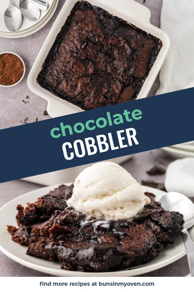 Collage of chocolate cobbler images.