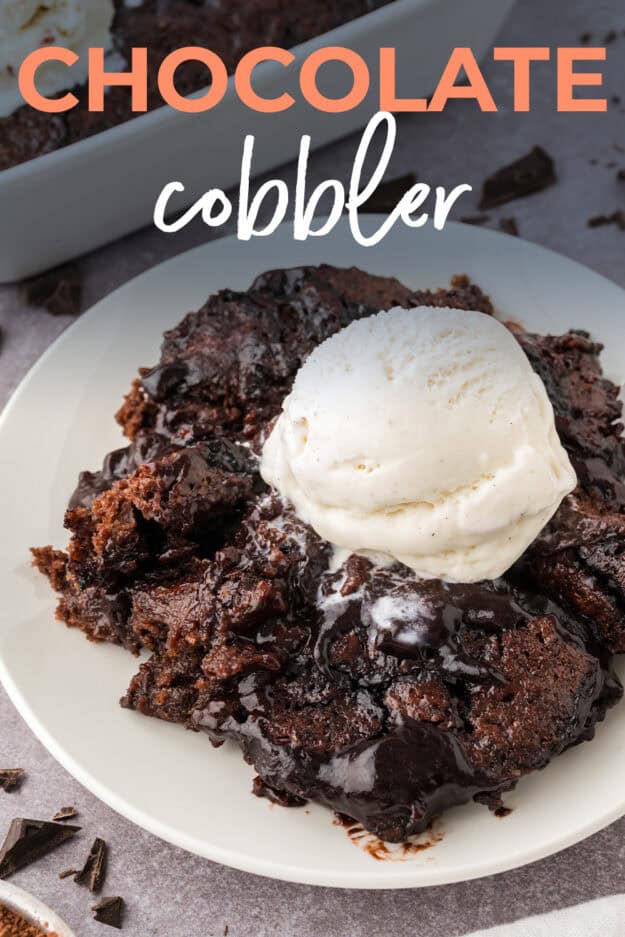 Chocolate cobbler with a scoop of vanilla ice cream.