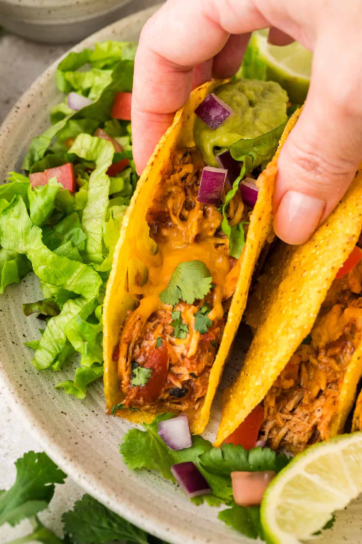 Hand grabbing a crockpot chicken taco.