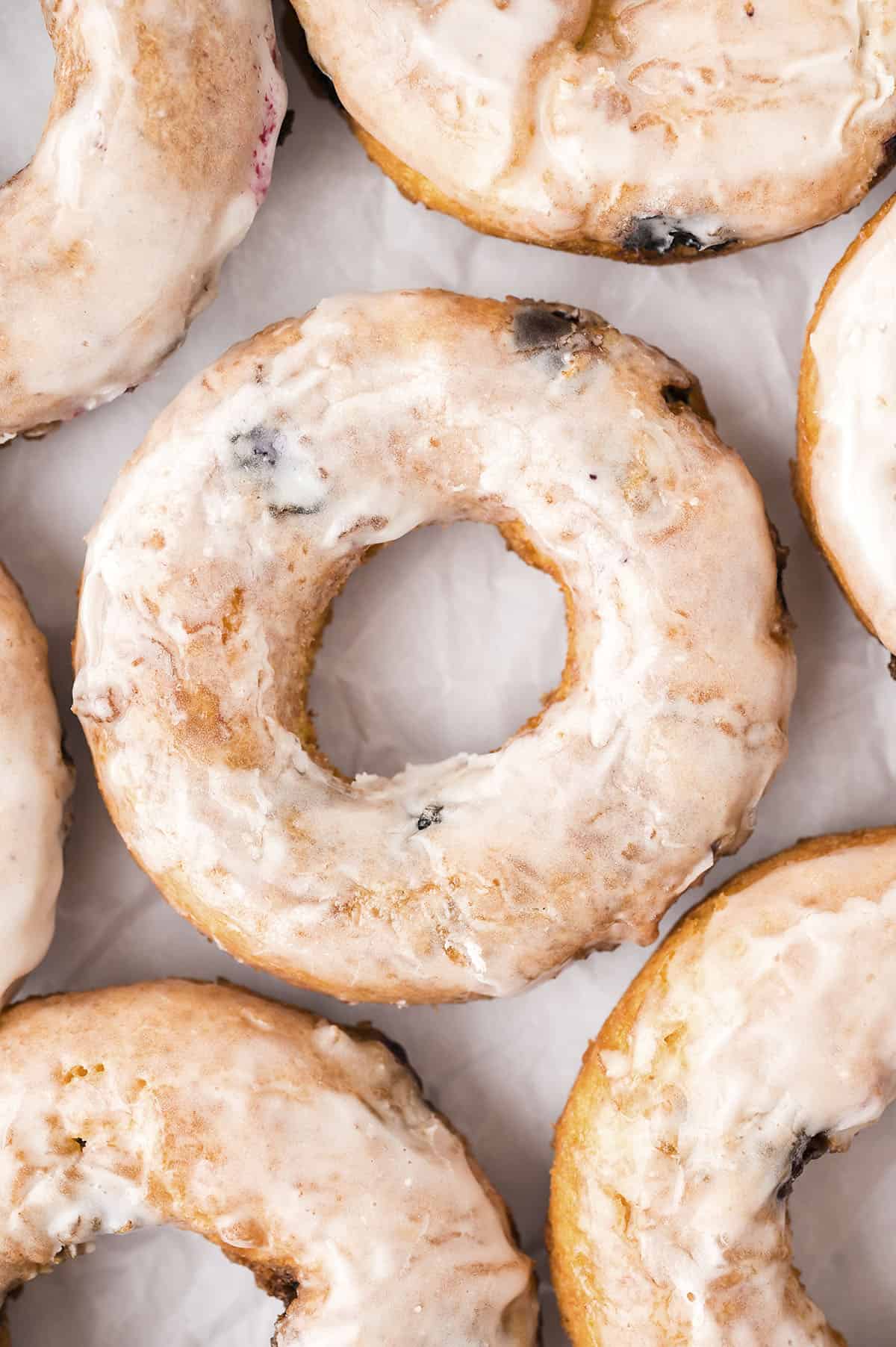 Blueberry donuts on sheet.