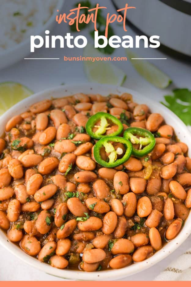 White bowl full of pressure cooked pinto beans.