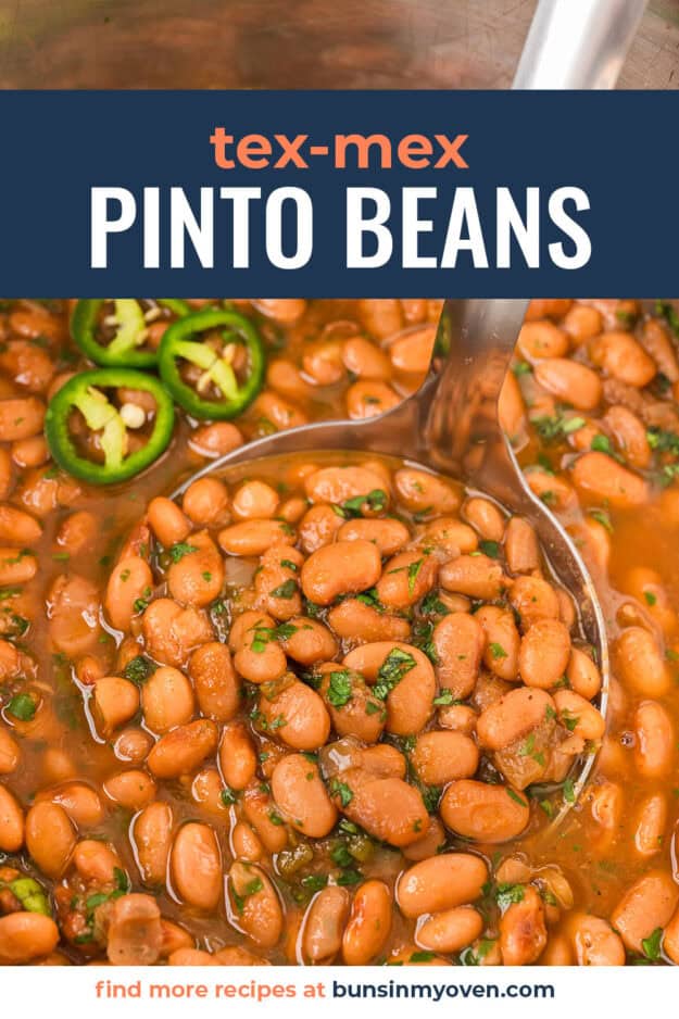 Pinto beans on ladle in Instant Pot.