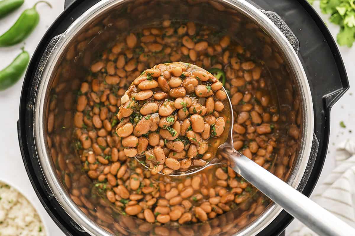 Instant Pot pinto beans in ladle.