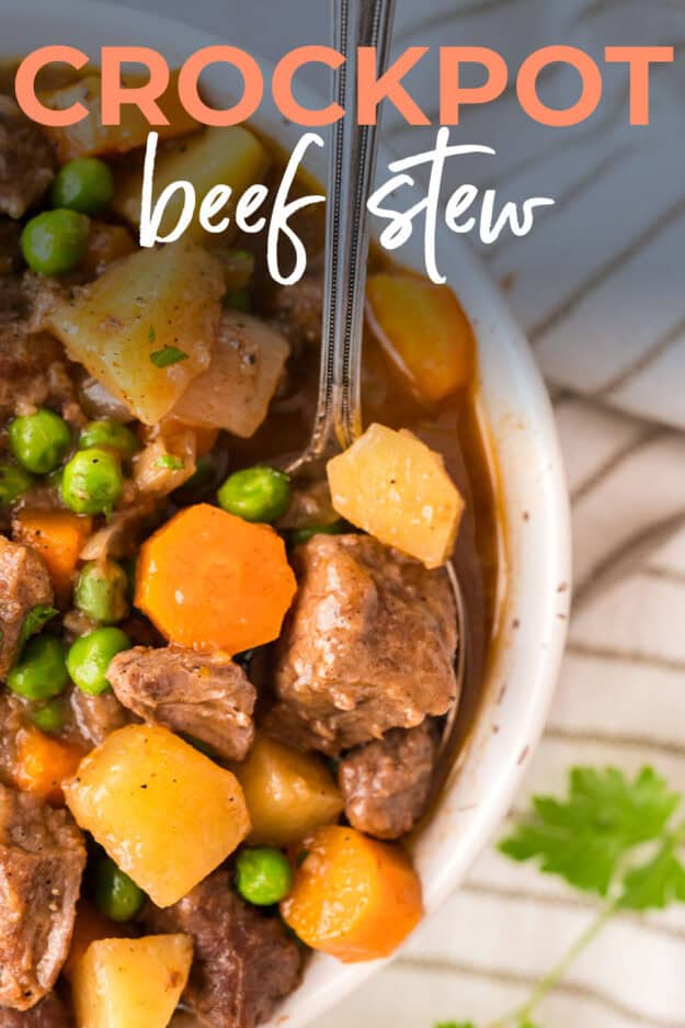 Beef stew in white bowl on spoon.