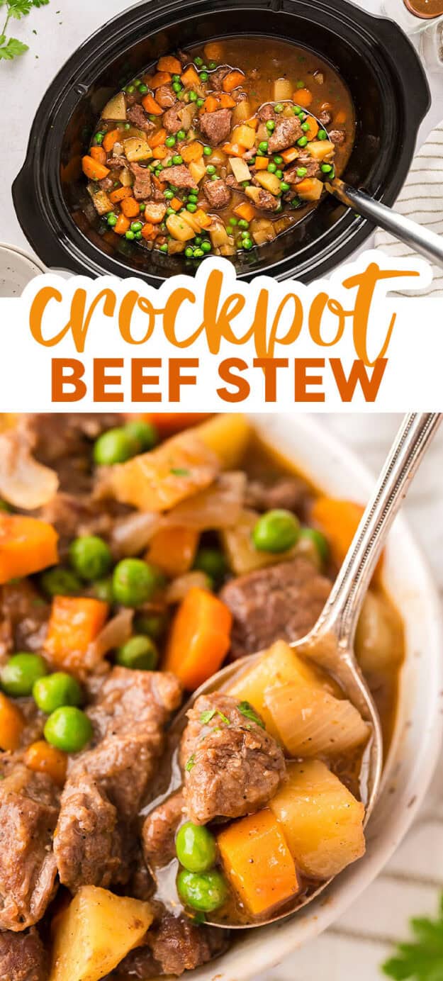 Collage of slow cooker beef stew images.