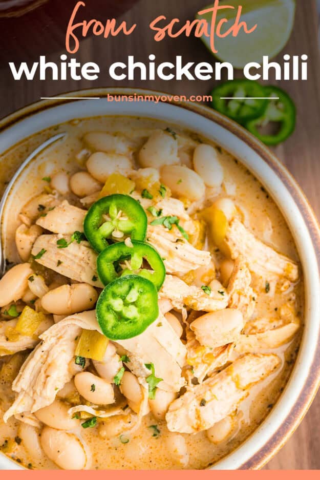 White chicken chili in bowl.