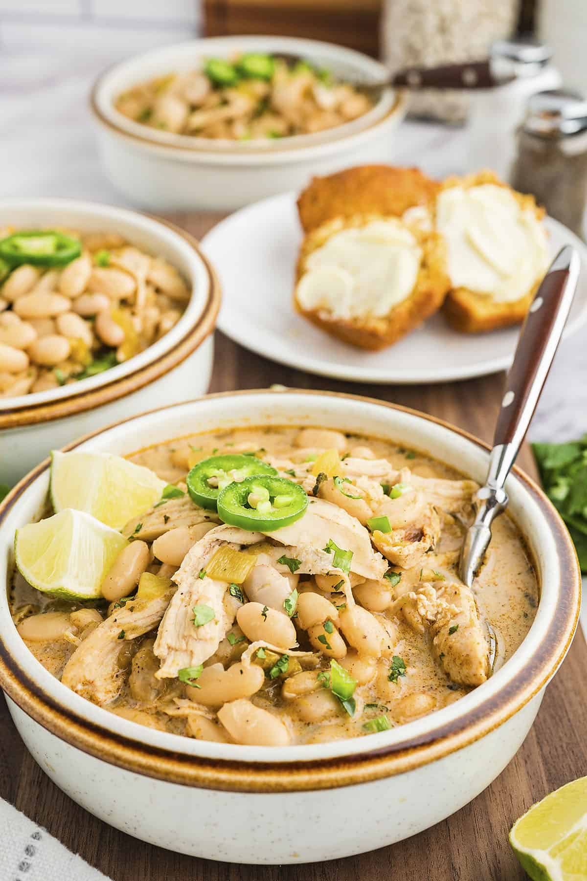 White chicken chili in bowl.