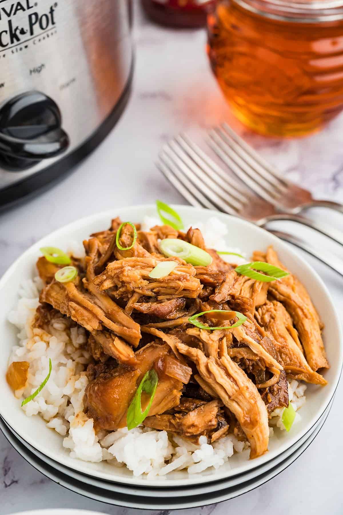 Crock pot bourbon chicken on plate with white rice.