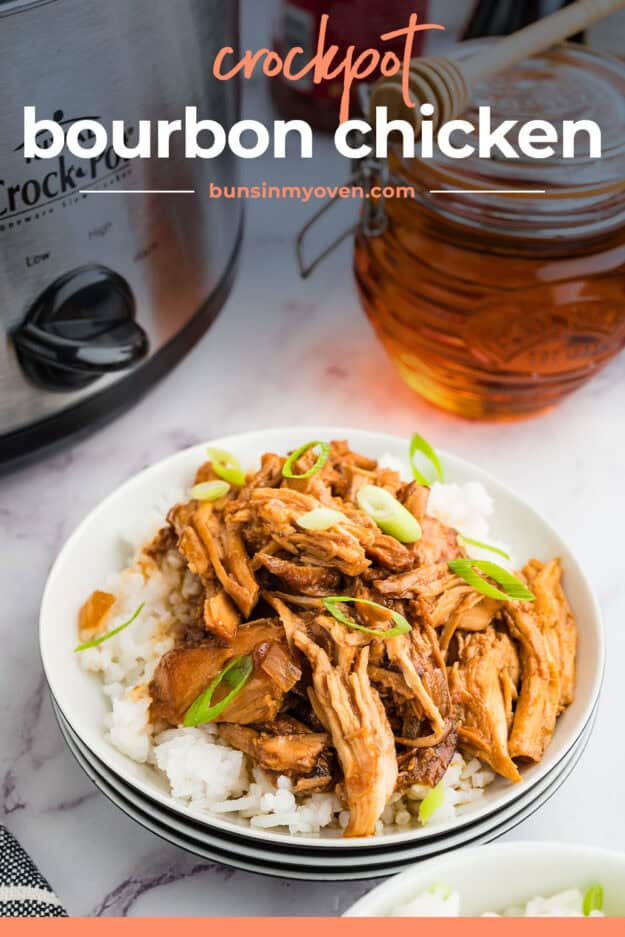 Chinese bourbon chicken on plate with white rice.