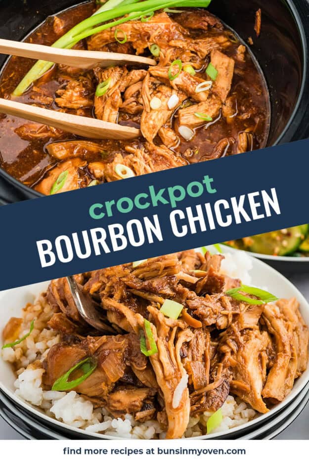 Collage of bourbon chicken images.