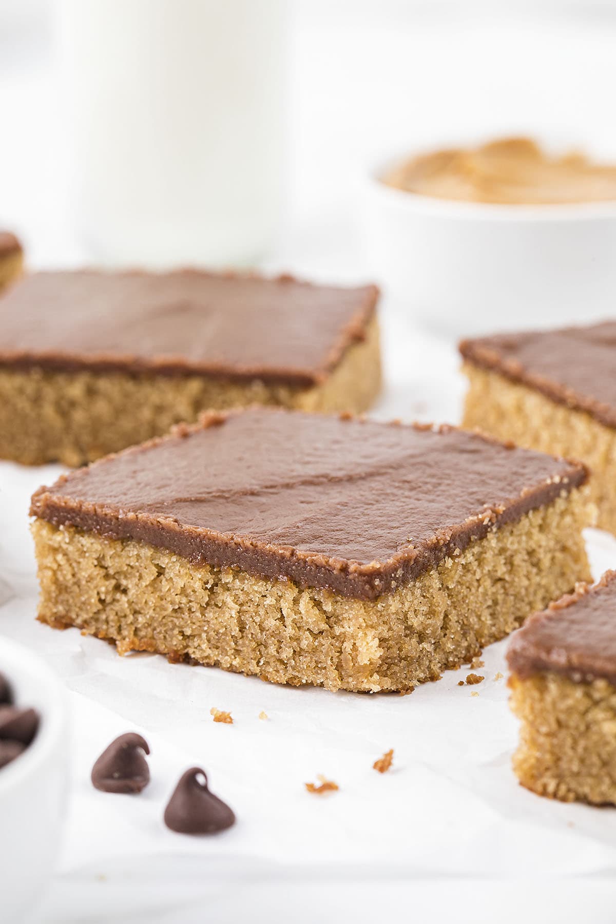 Chocolate peanut butter sheet cake on counter.