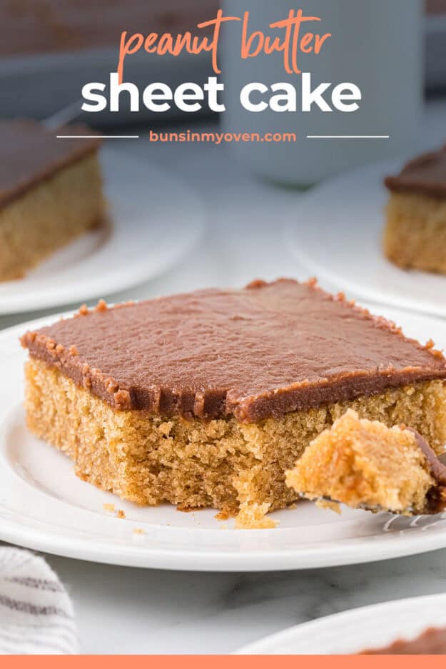 Peanut butter sheet cake on white plate.