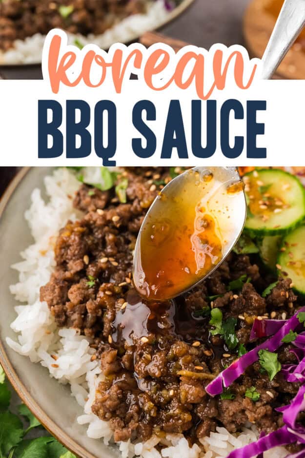 Korean bbq sauce recipe being drizzled over grain bowl.