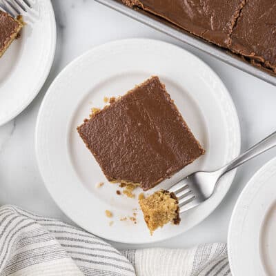 Peanut butter cake topped with chocolate frosting on small white plate.