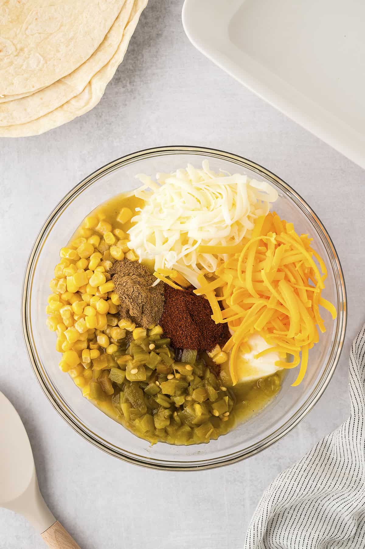 Enchilada filling in mixing bowl.