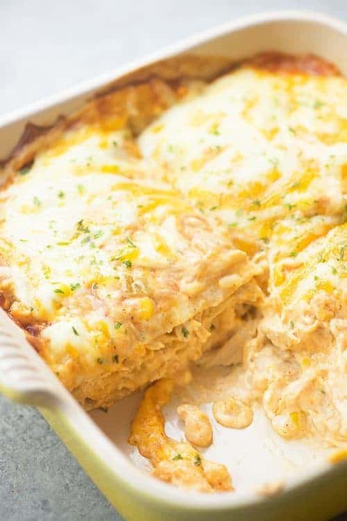 Chicken Enchilada Casserole - creamy cheesy enchilada perfection!