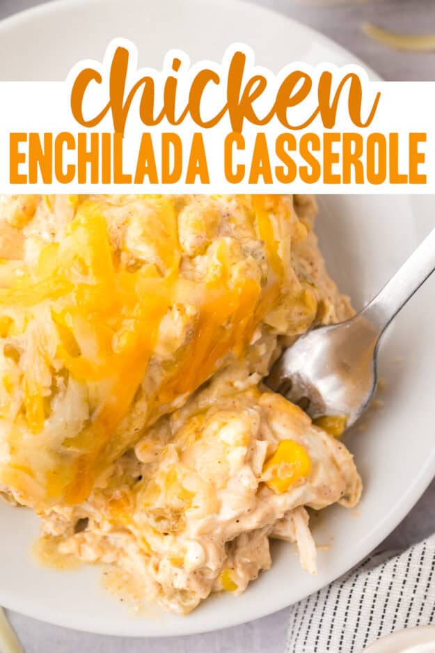 Chicken enchilada casserole on white plate with fork.