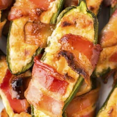 Close up of bacon wrapped jalapeno poppers.
