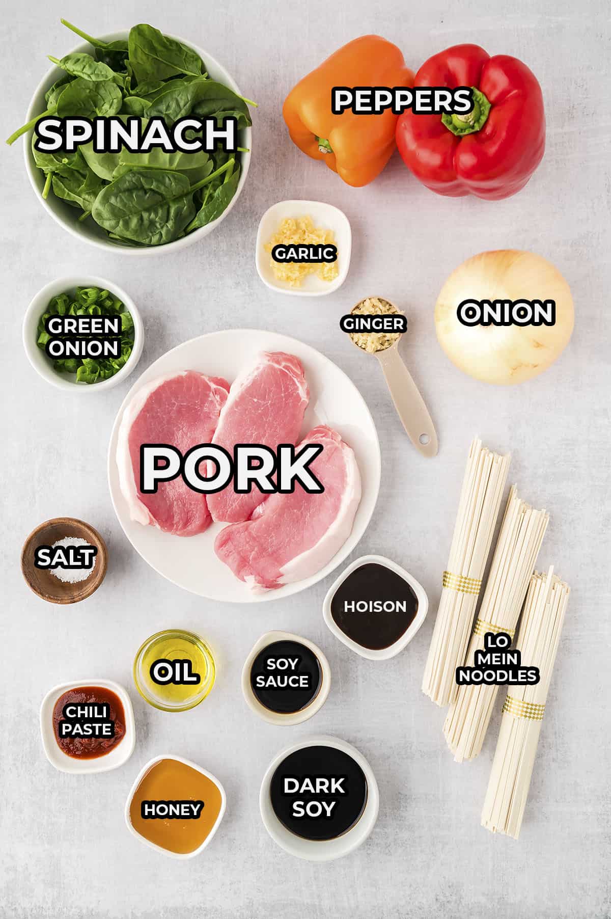 Ingredients for pork lo mein recipe.