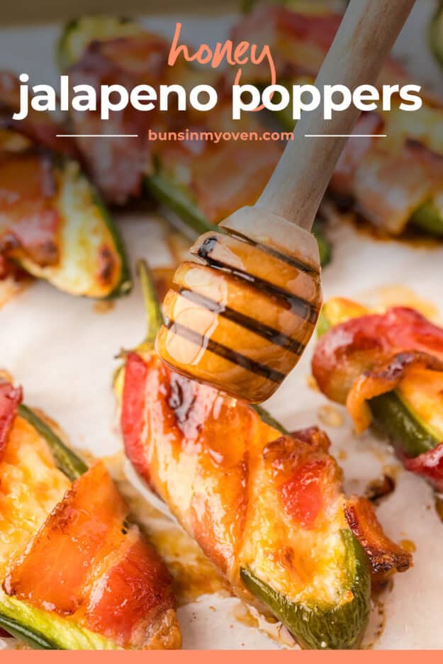 Honey being drizzled on jalapeno popper.