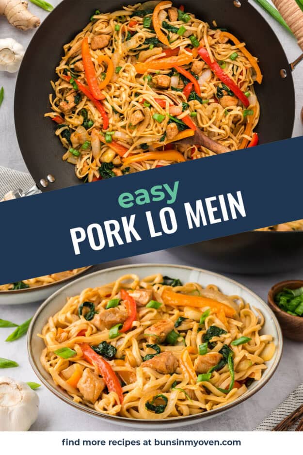 Collage of pork lo mein images.