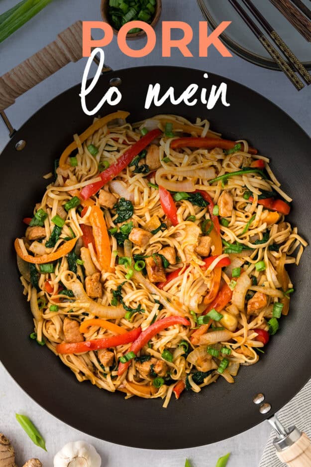 Pork lo mein in wok.