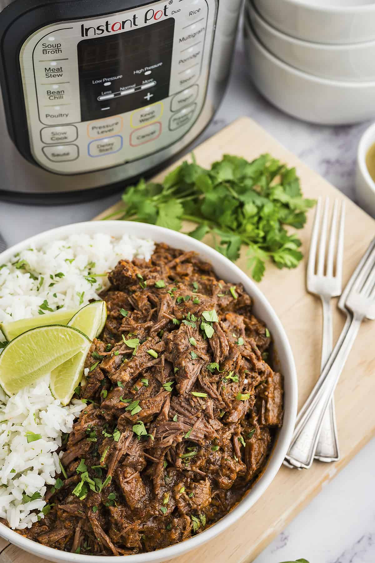 Shredded barbacoa in bowl with cilantro lime rice.