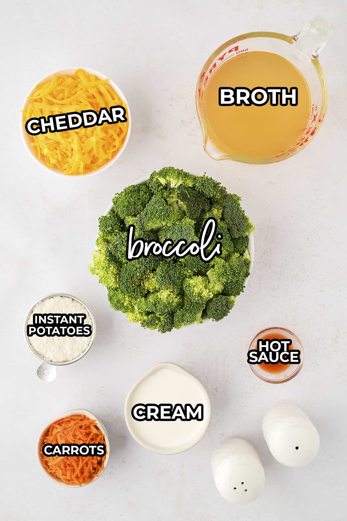 Ingredients for Instant Pot broccoli cheddar soup.