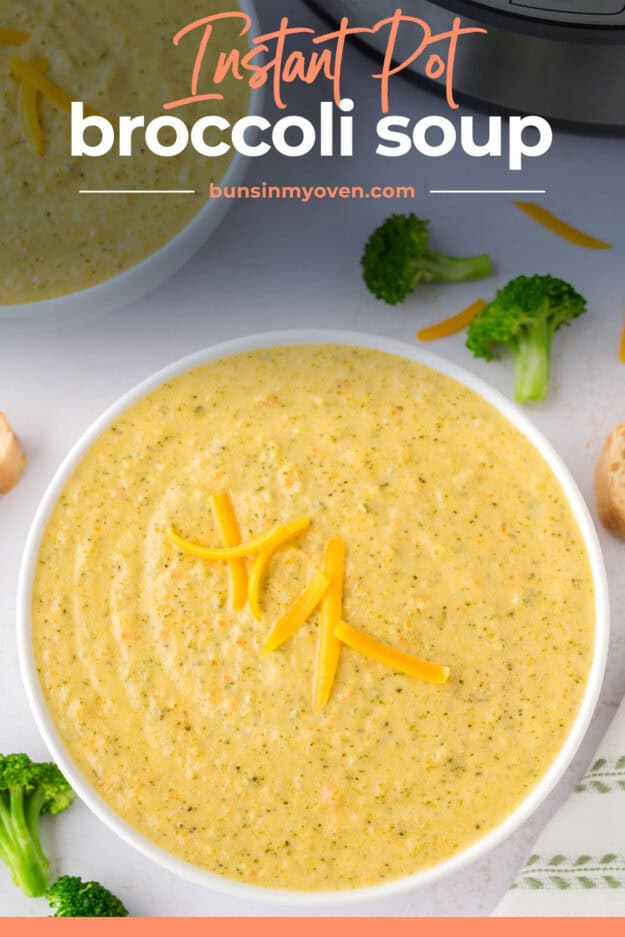 Overhead view of broccoli soup in white bowl.