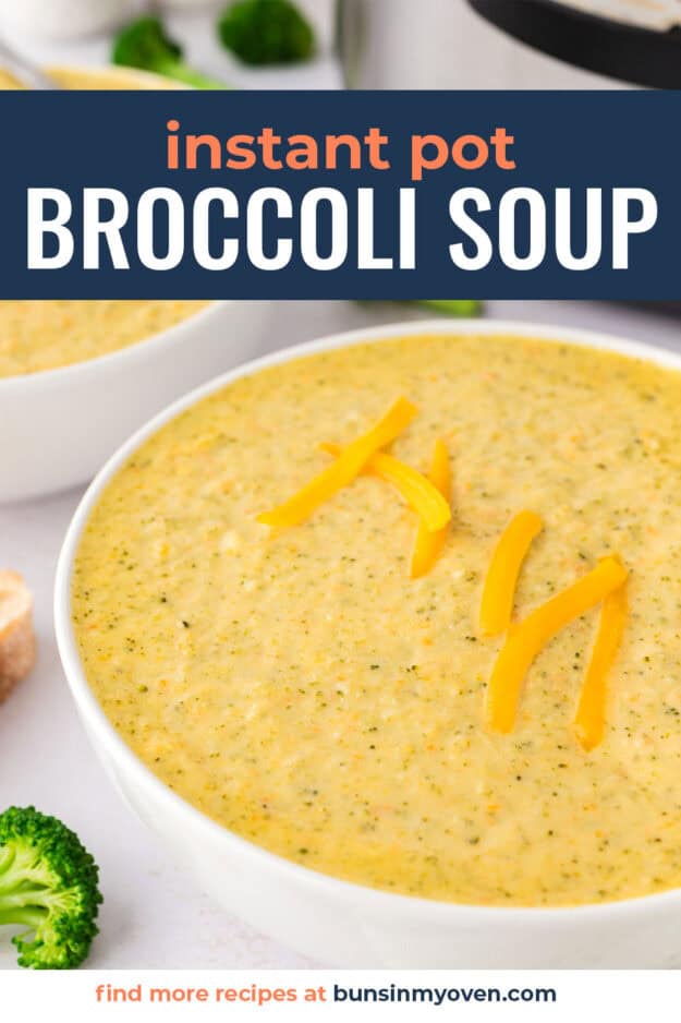 Broccoli cheese soup in white bowl.