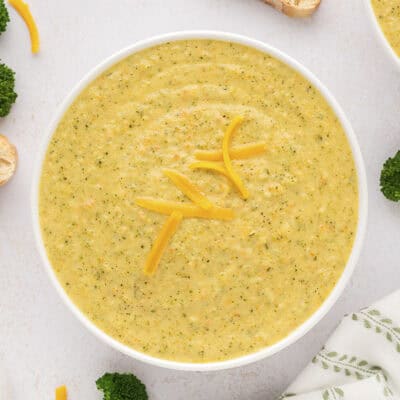 Bowl full of Instant Pot Broccoli Cheddar Soup.