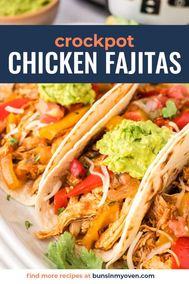 Slow cooker chicken fajitas in tortillas.