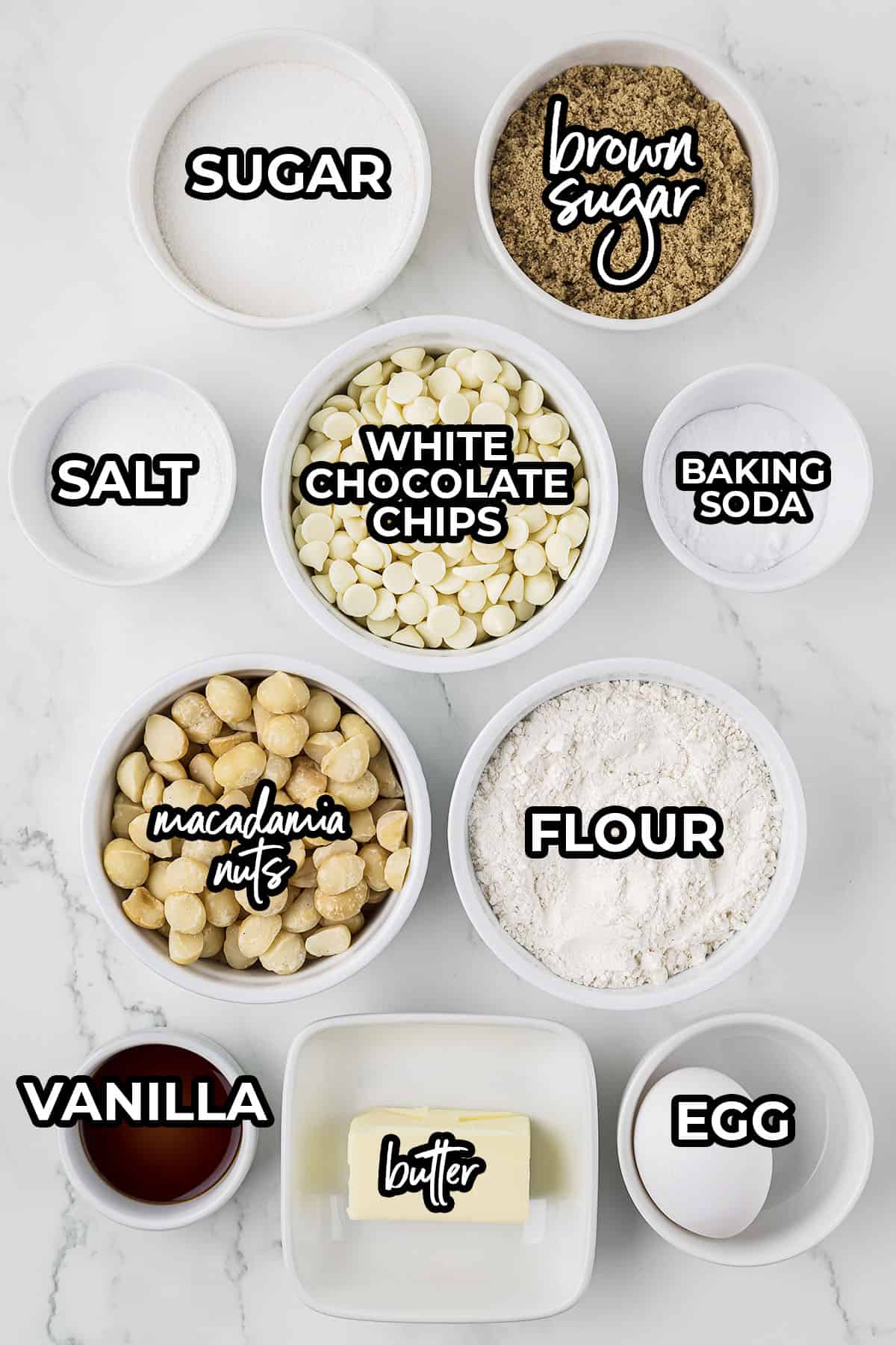 Ingredients for white chocolate macadamia nut cookies.