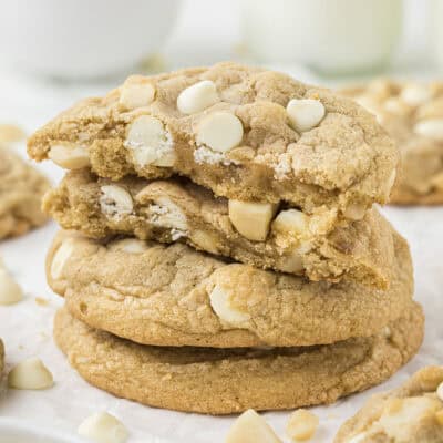 Stack of white chocolate macadamia nut cookies.