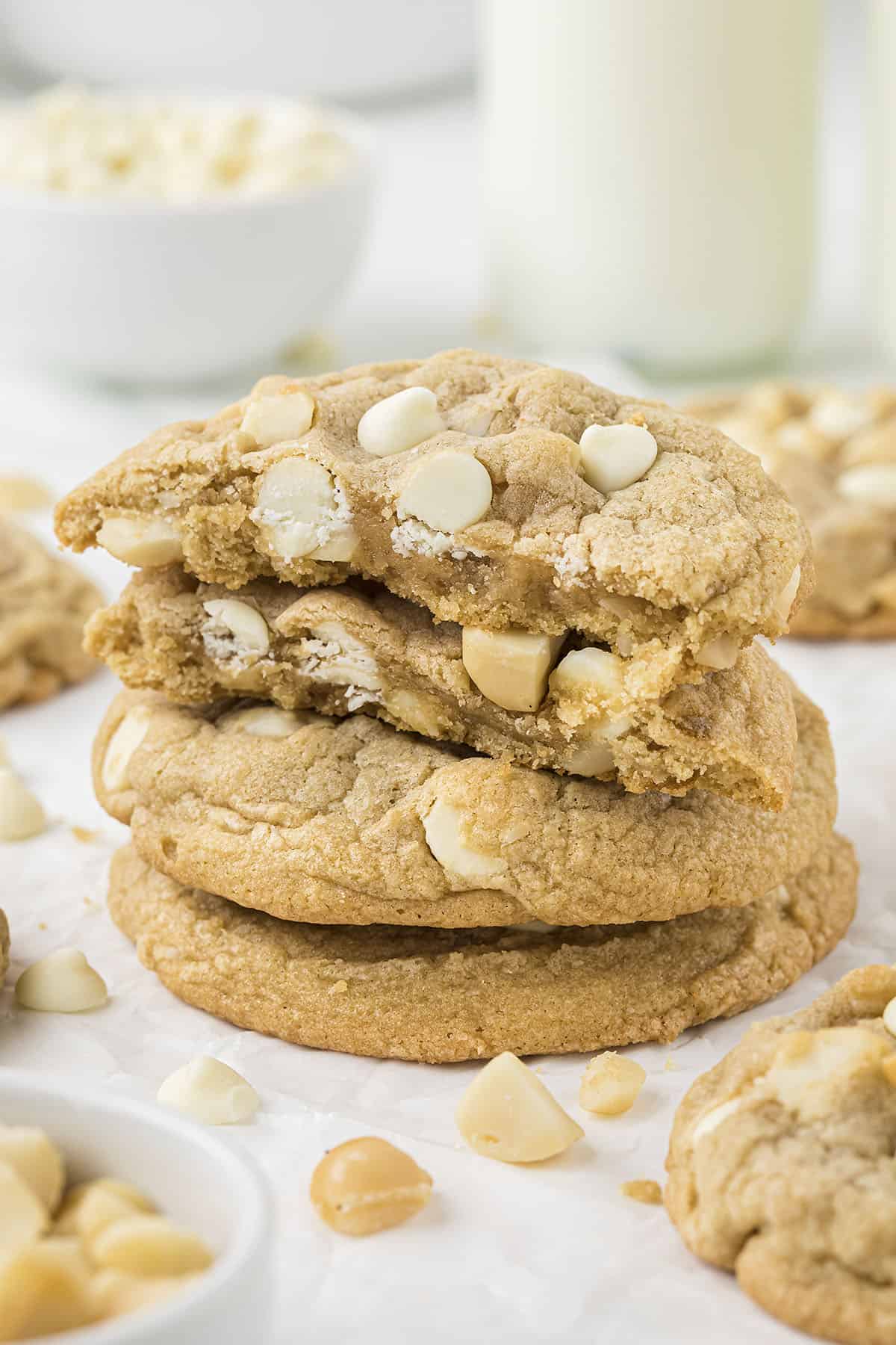 Stack of white chocolate macadamia nut cookies.