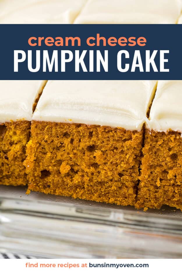 Pumpkin cake with cream cheese frosting in pan.