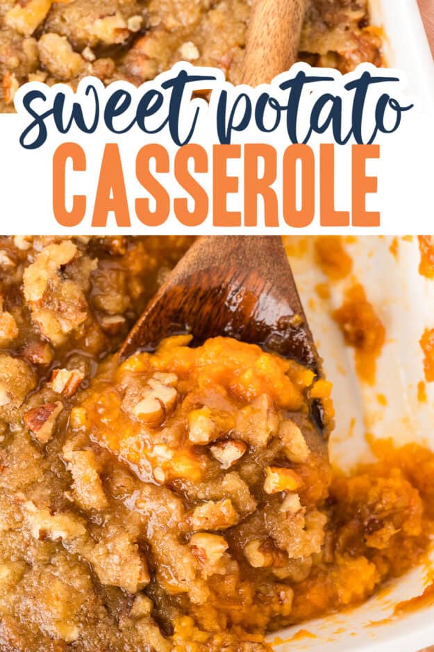 Recipe for sweet potato casserole on wooden spoon.