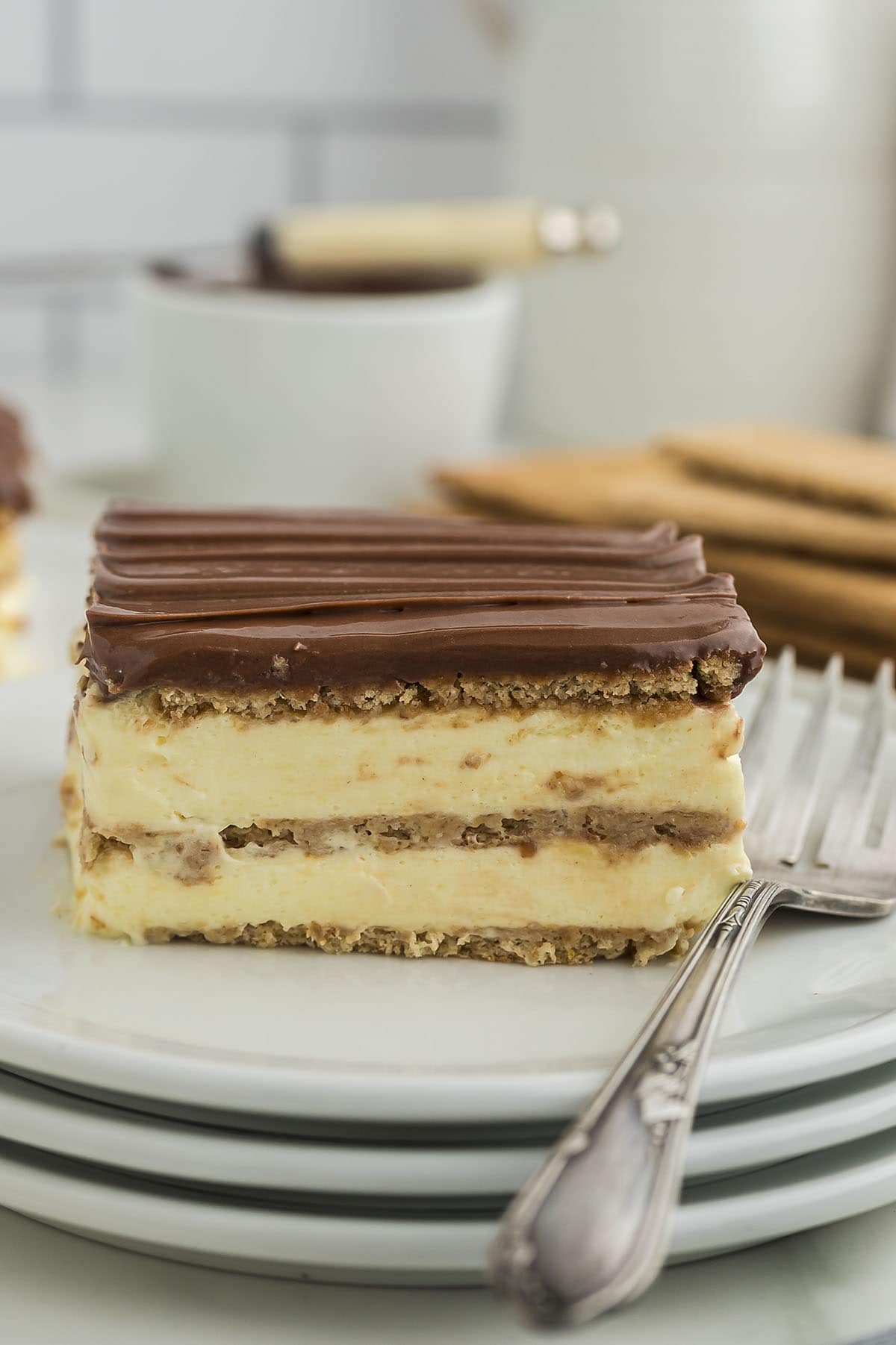 Eclair cake on plate.