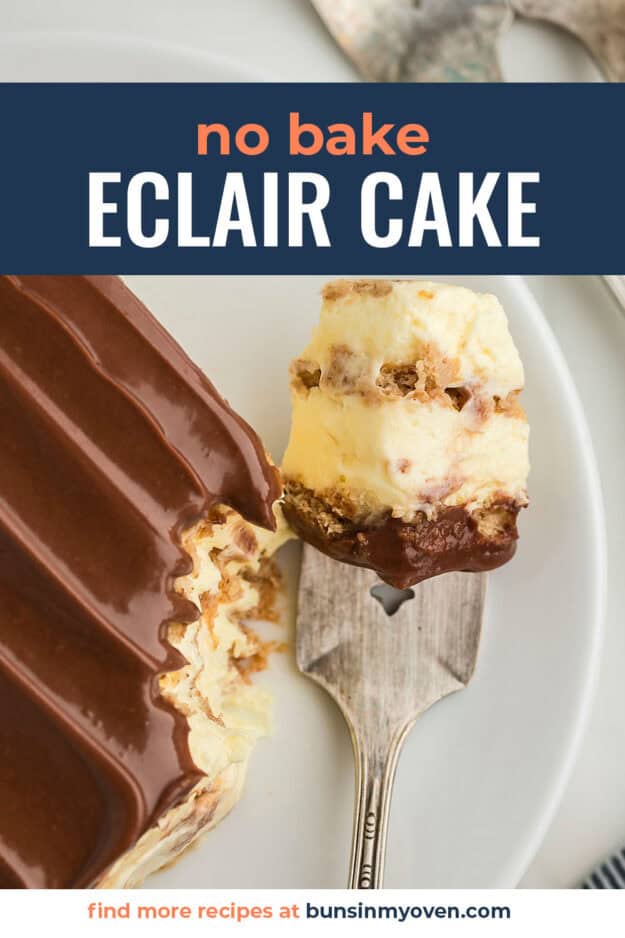 Forkful of eclair cake on plate.