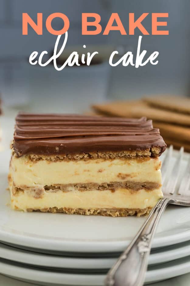 No bake eclair cake on white plate with fork.