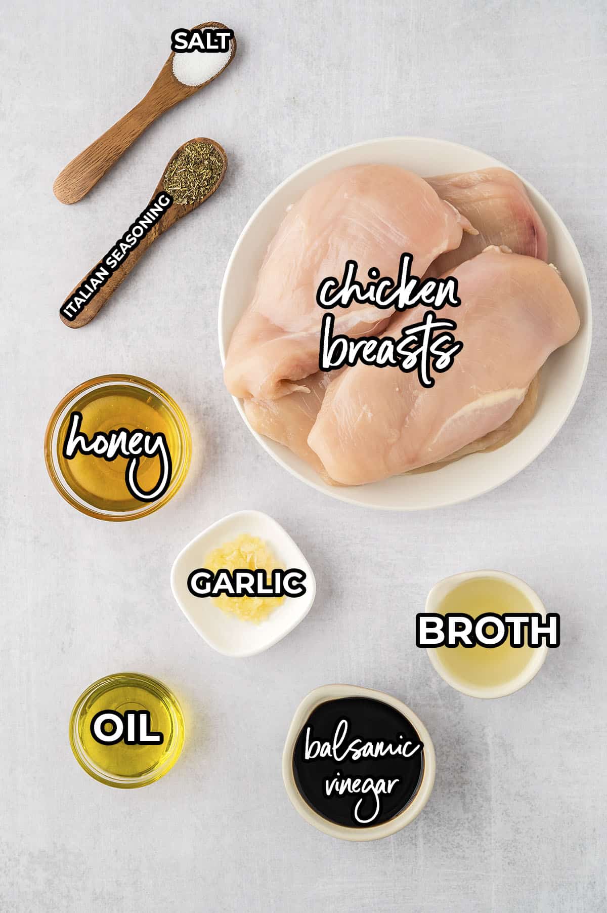 Ingredients for balsamic chicken recipe laid out on counter.