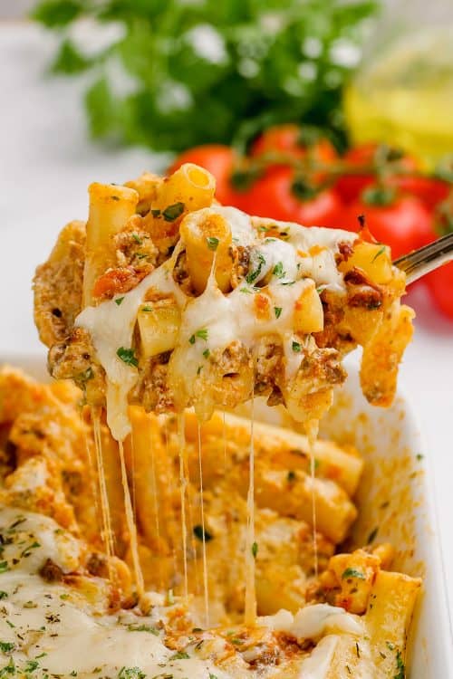 Cheesy Baked Ziti with Meat Sauce | Buns In My Oven