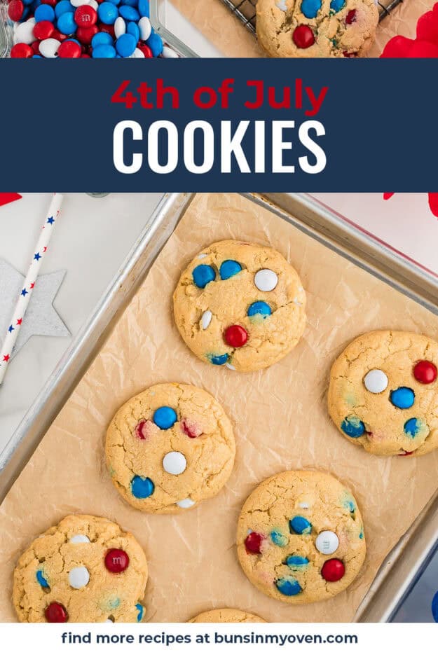 M&M cookies on baking sheet.