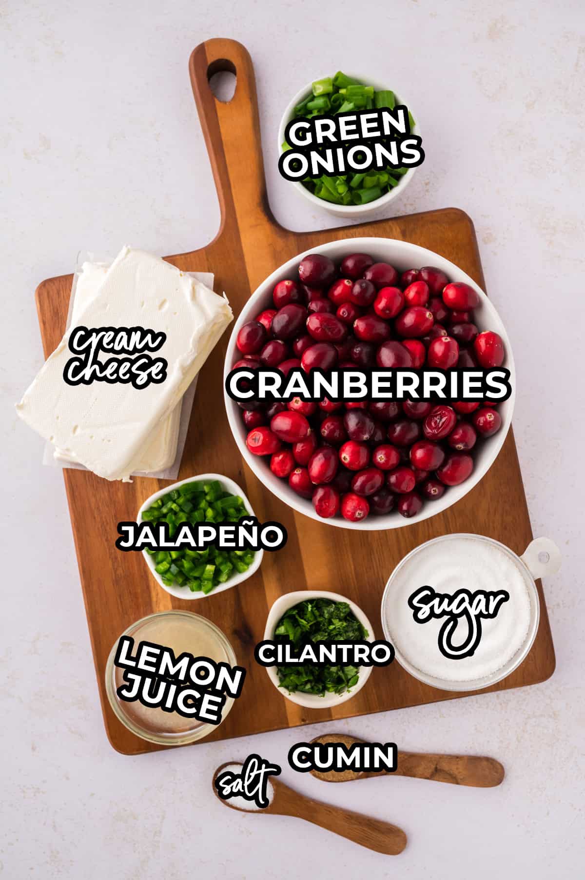 Ingredients for cranberry cream cheese salsa.