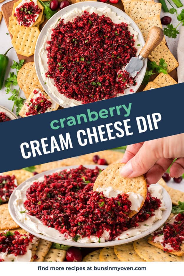 Collage of cranberry cream cheese dip images.